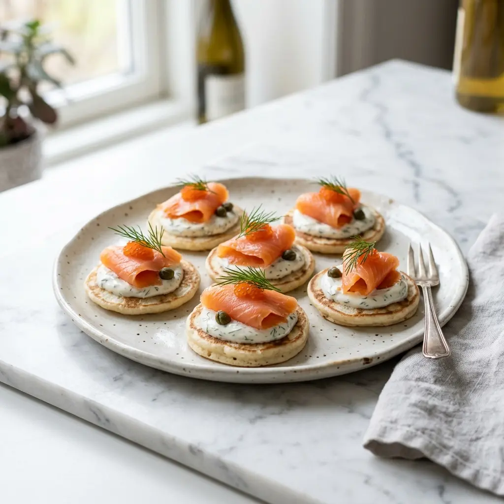Foto e Blini me salmon të tymosur gati për servirje