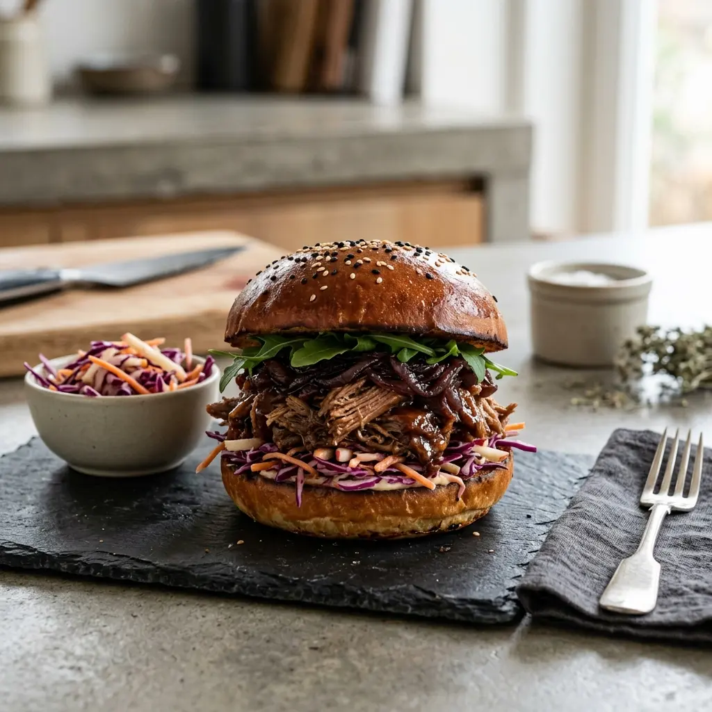Foto e Burger me mish rose të copëtuar gati për servirje
