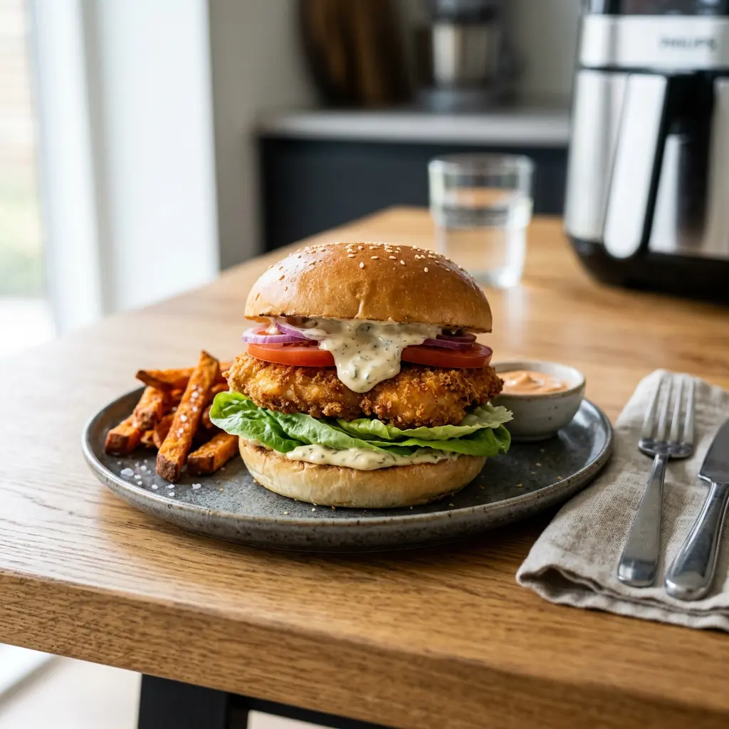 Foto e Burger pule në fritezë me ajër gati për servirje