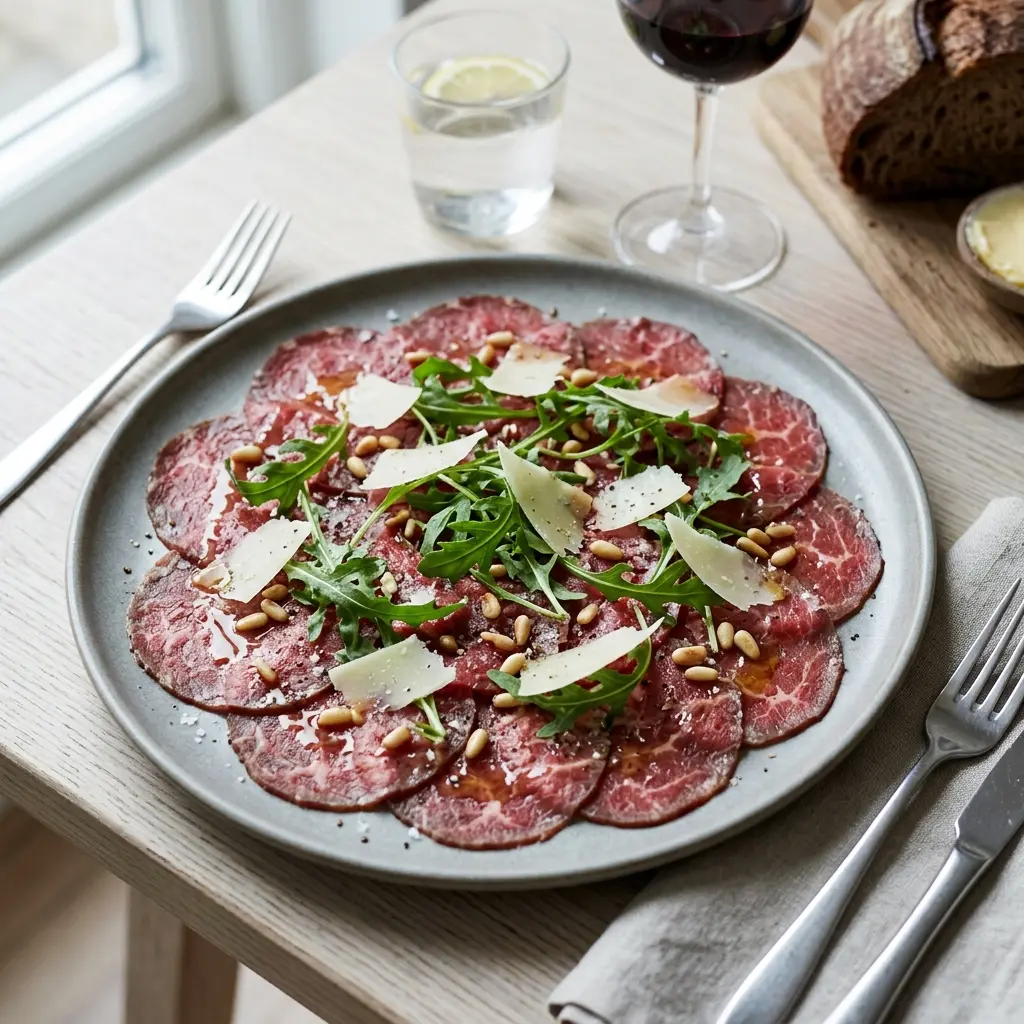 Foto e Carpaccio gjedhi gati për servirje