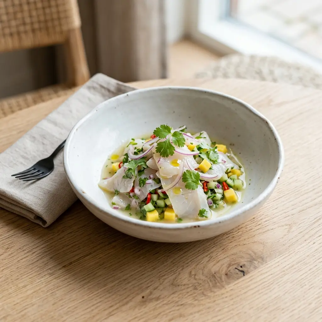 Foto e Ceviche me peshk të sheshtë gati për servirje