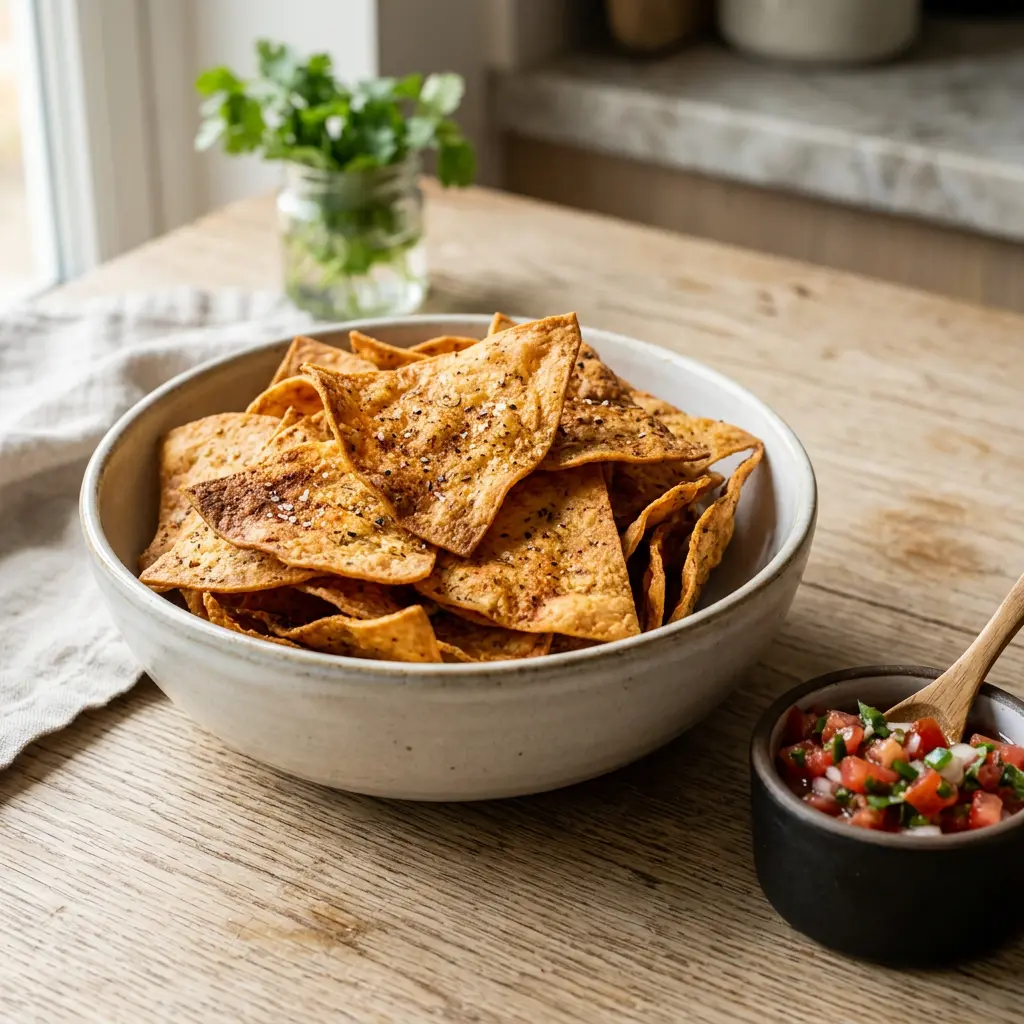Foto e Çips tortilla në fritezë me ajër gati për servirje