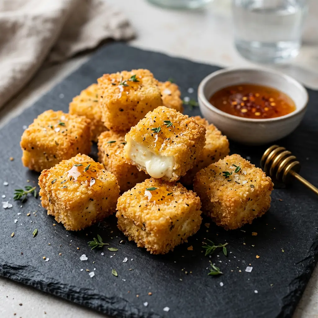 Foto e Feta e paniruar në fritezë me ajër gati për servirje