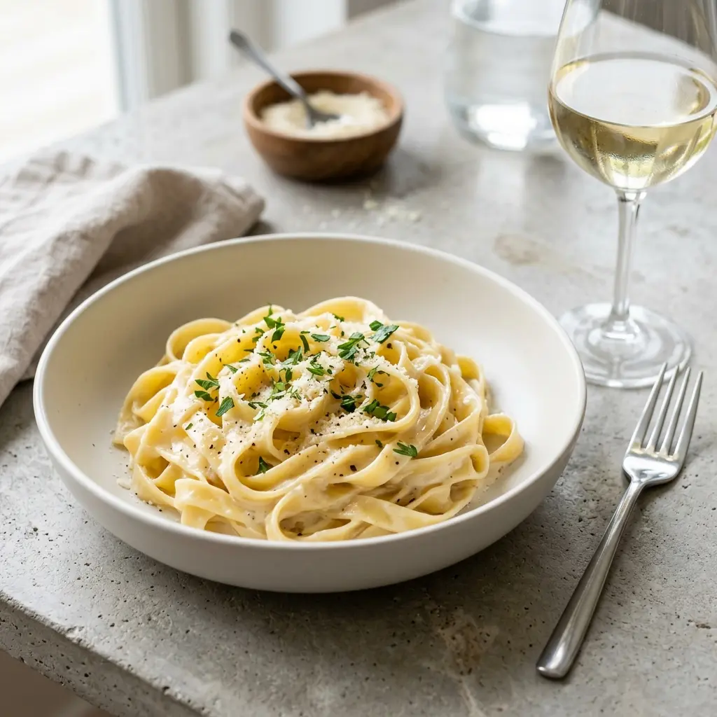 Foto e Fettuccine Alfredo gati për servirje
