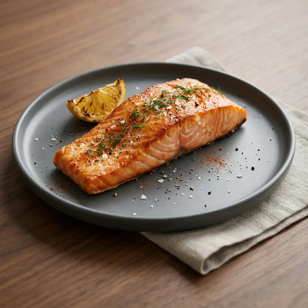 Foto e Fileto salmoni në fritezë me ajër gati për servirje