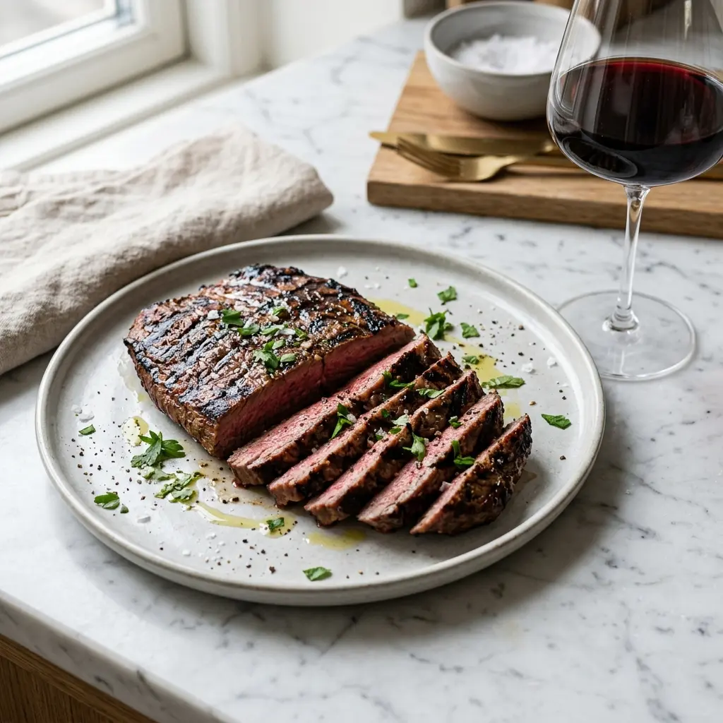 Foto e Flank steak në skarë gati për servirje