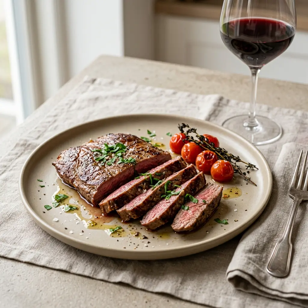 Foto e Flank steak në tigan gati për servirje