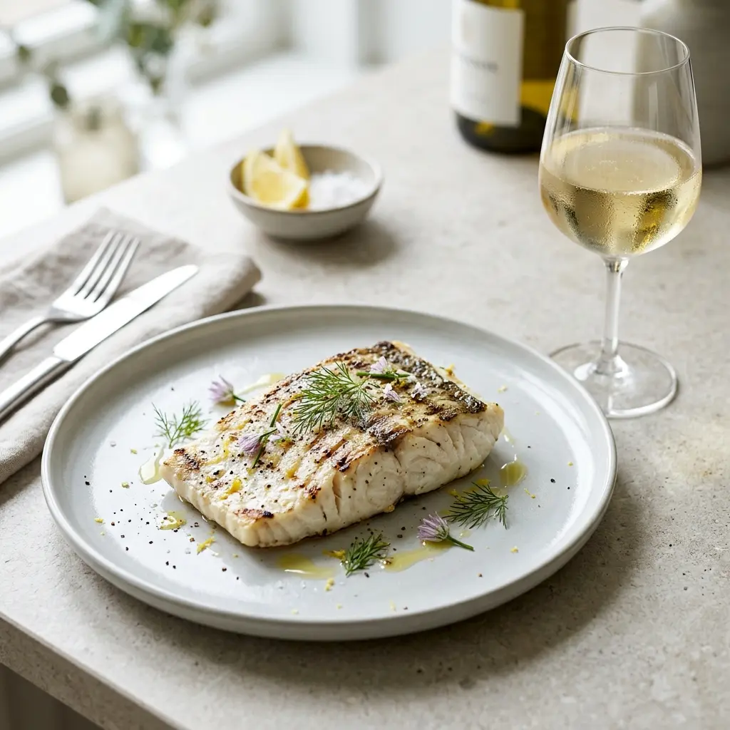 Foto e Halibut në skarë gati për servirje