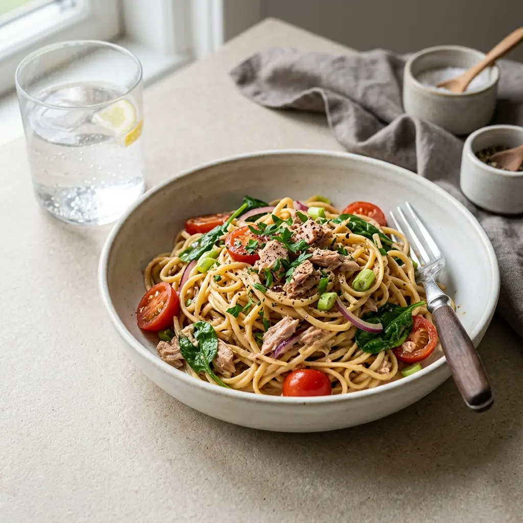 Foto e Noodles me ton gati për servirje