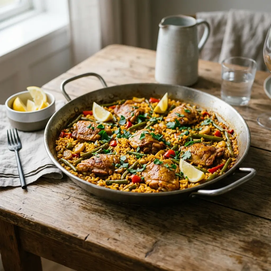 Foto e Paella me pulë gati për servirje