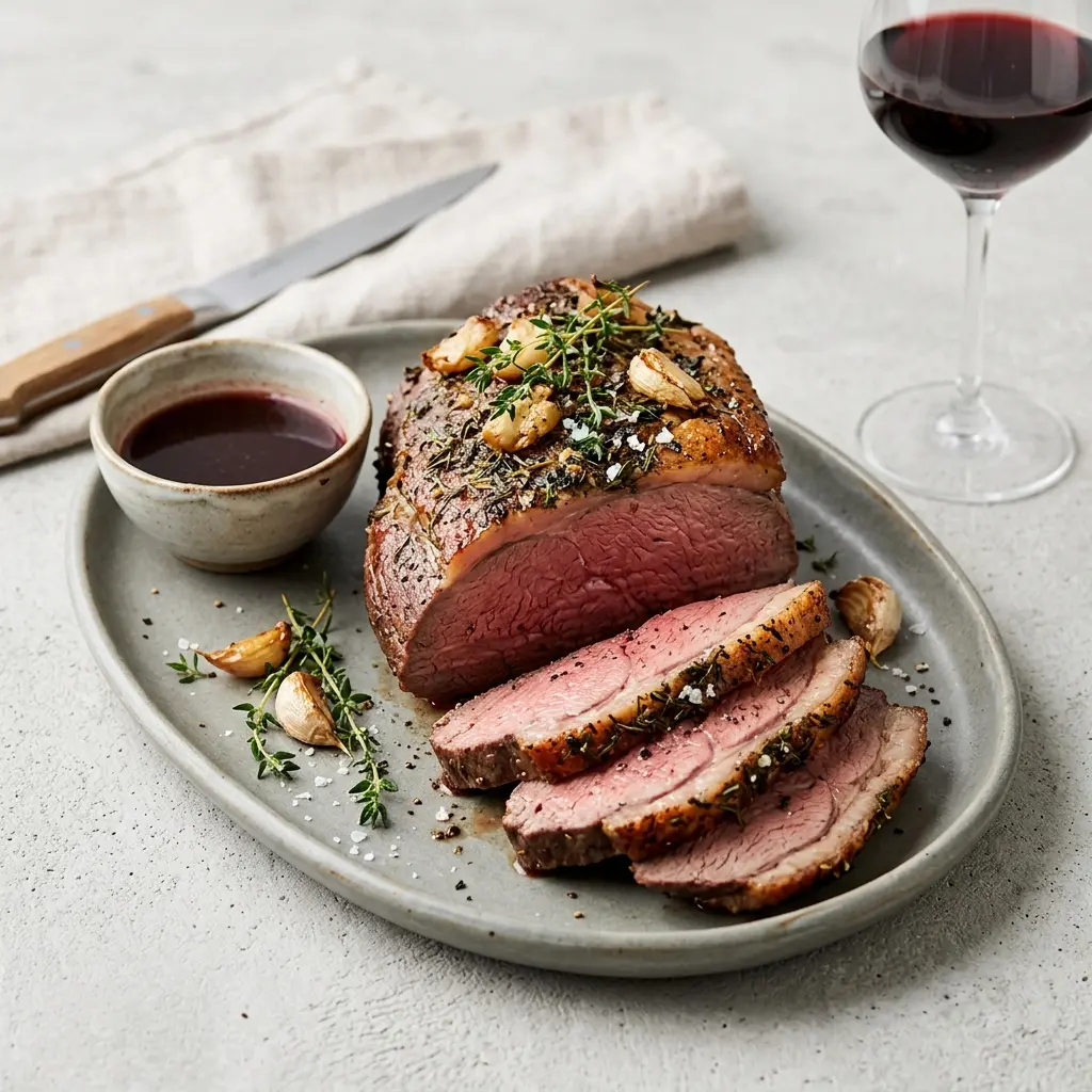 Foto e Picanha gjedhi me hudhër dhe trumzë gati për servirje