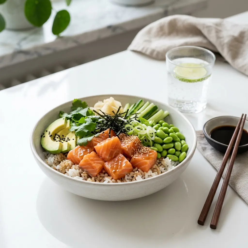 Foto e Poke bowl me salmon gati për servirje