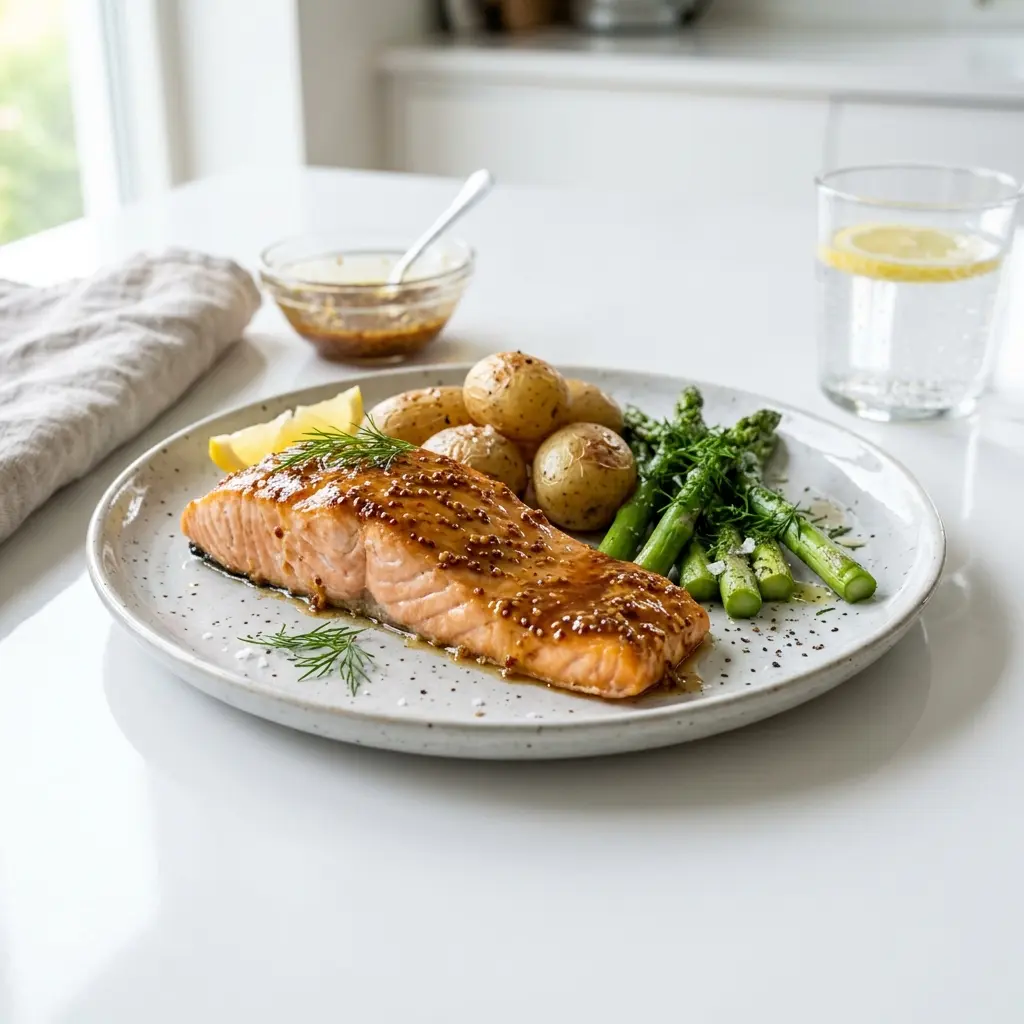 Foto e Salmon me mjaltë dhe mustardë gati për servirje