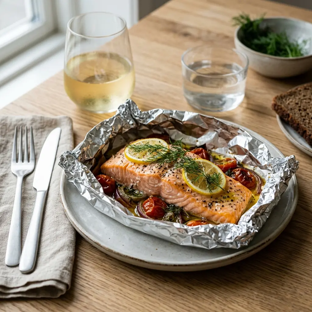 Foto e Salmon në letër alumini gati për servirje
