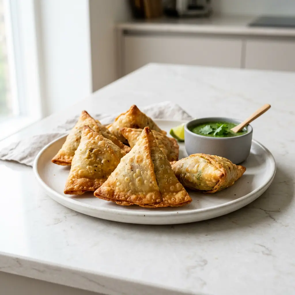Foto e Samosa në fritezë me ajër gati për servirje