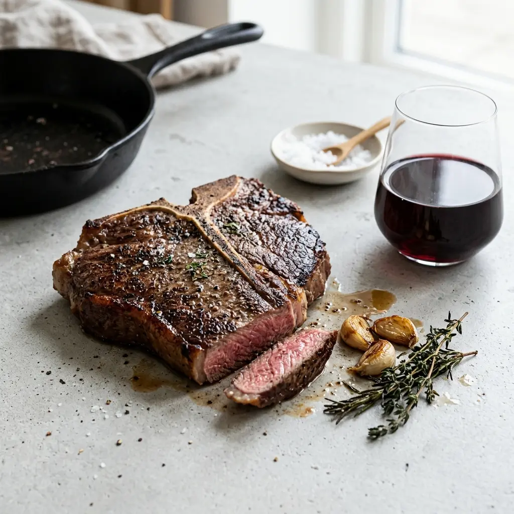 Foto e T-bone steak në tigan gati për servirje