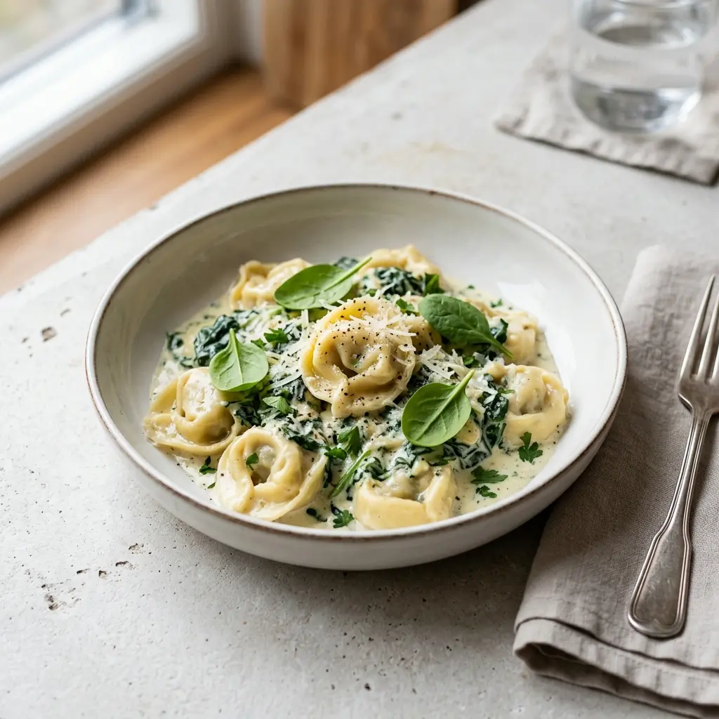 Foto e Tortellini me djathë dhe spinaq gati për servirje